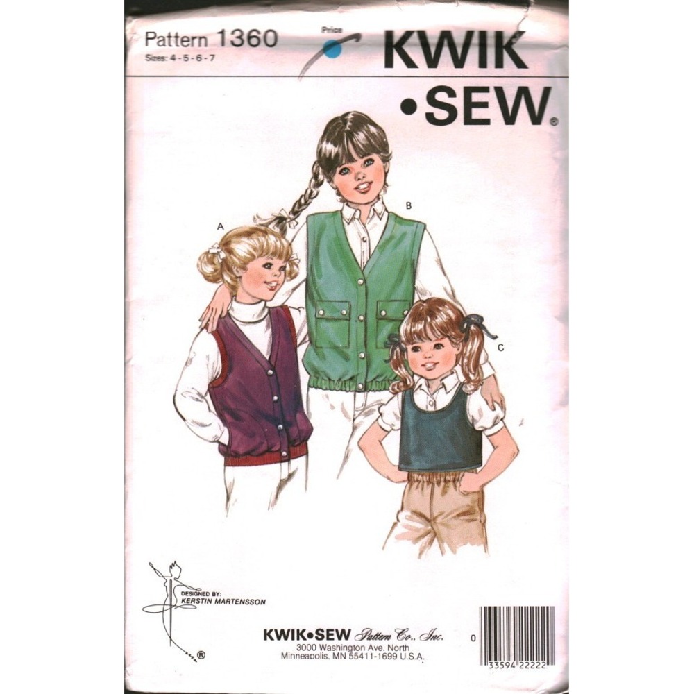Vintage Kwik Sew 1360 Girls Vest Sewing Pattern Sizes 4-5-6-7 Kerstin Martensson